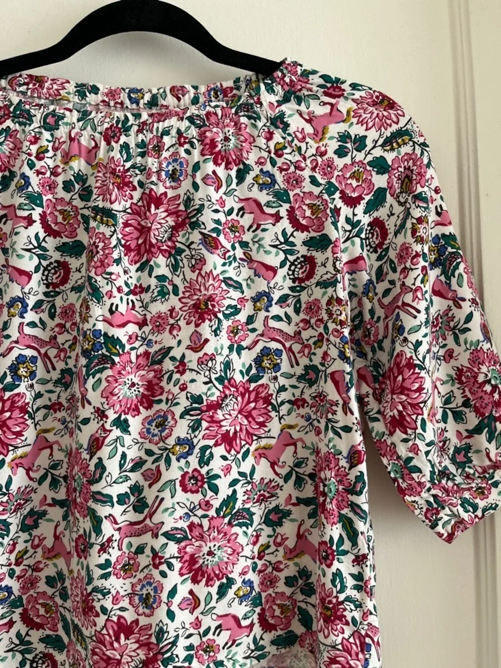 Girls Size 8 Whimsical Spring Horse Deer Rabbit Print Pink 3/4 Sleeve Top Blouse
